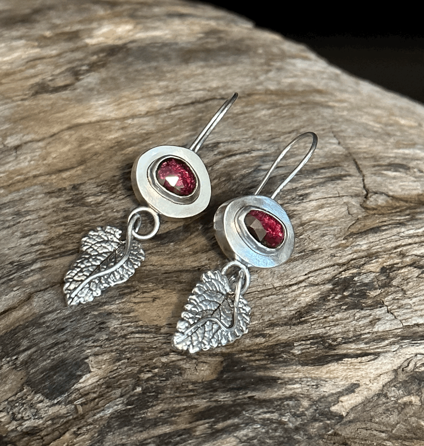 Garnet and leaf earrings